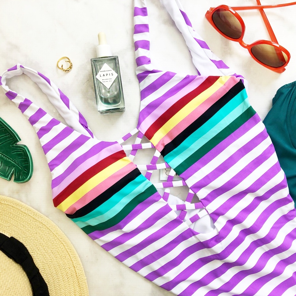 Purple Retro Striped Cutout Scoop Back One Piece